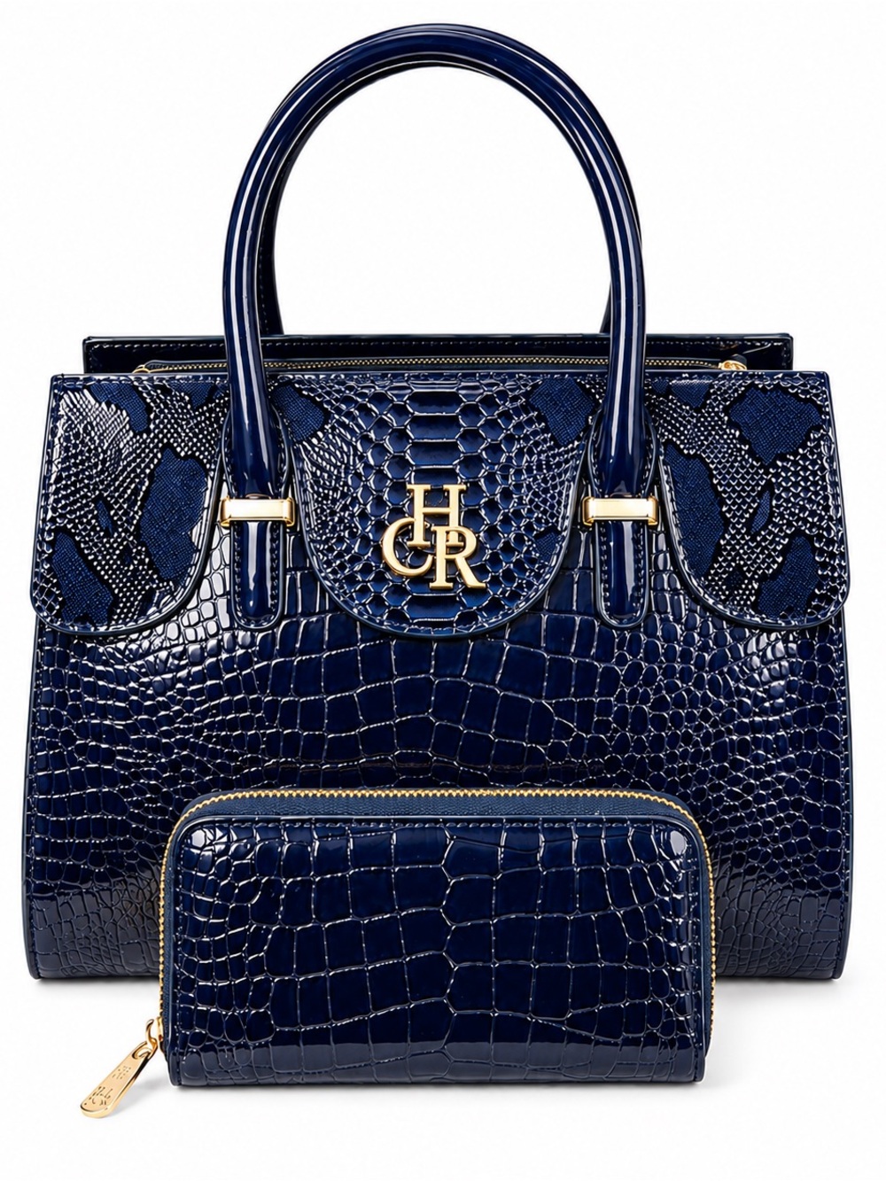 Elegant Luxury Handbag Set - Navy blue Croc-Embossed leather